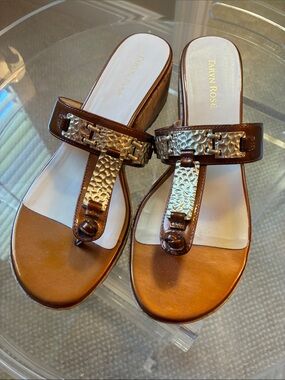 Taryn Rose Brown Leather T-Strap Sandals with Hammered Gold Accent